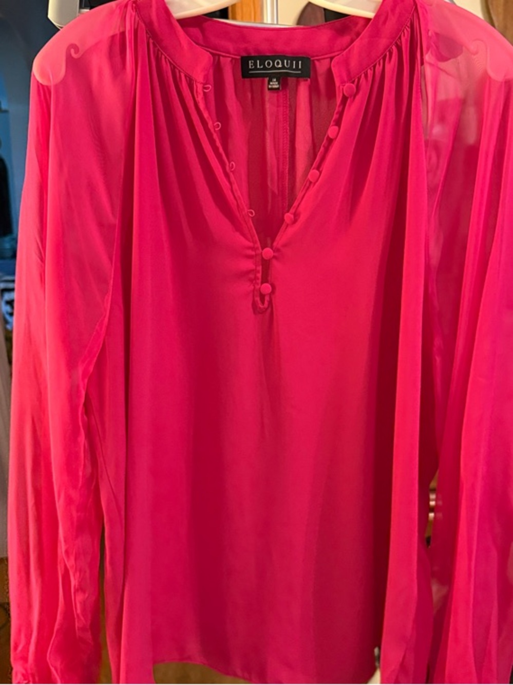 Eloquii Hot Pink Sheer-Sleeve Button-Front Blouse Sz 14. Like new
